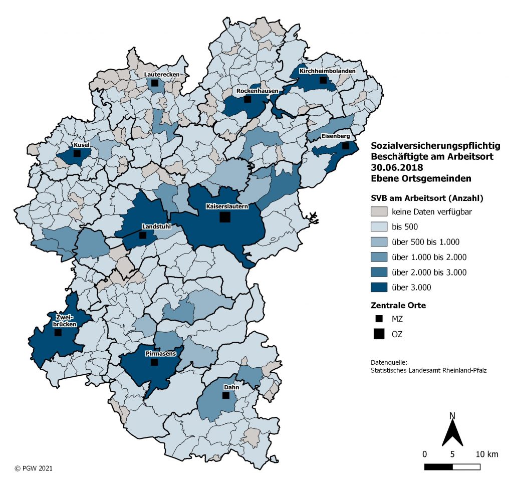 Karte Sozialversicherungspflichtig Beschäftigte der Westpfalz 2018